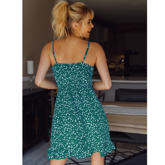 Floral Print Ruffle Detail Teal Mini Dress - Picture 3 of 6